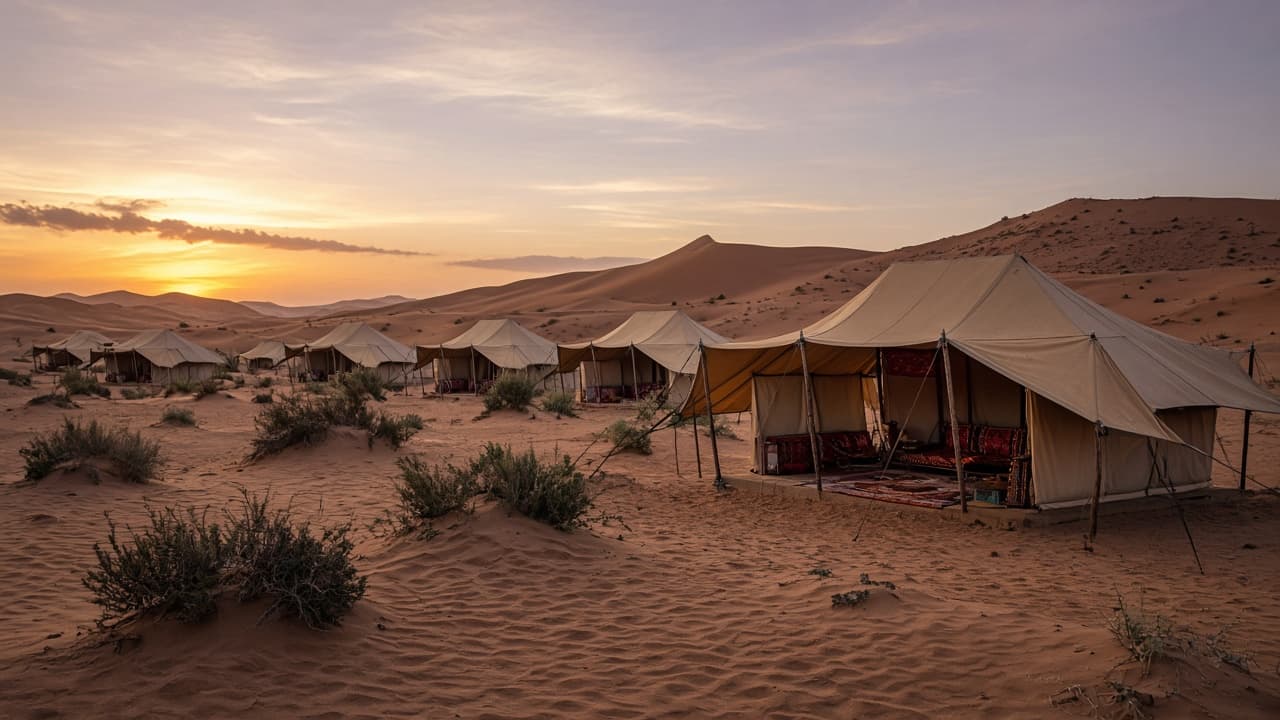 Desert camp tents in the sand near Jaisalmer under soft evening light