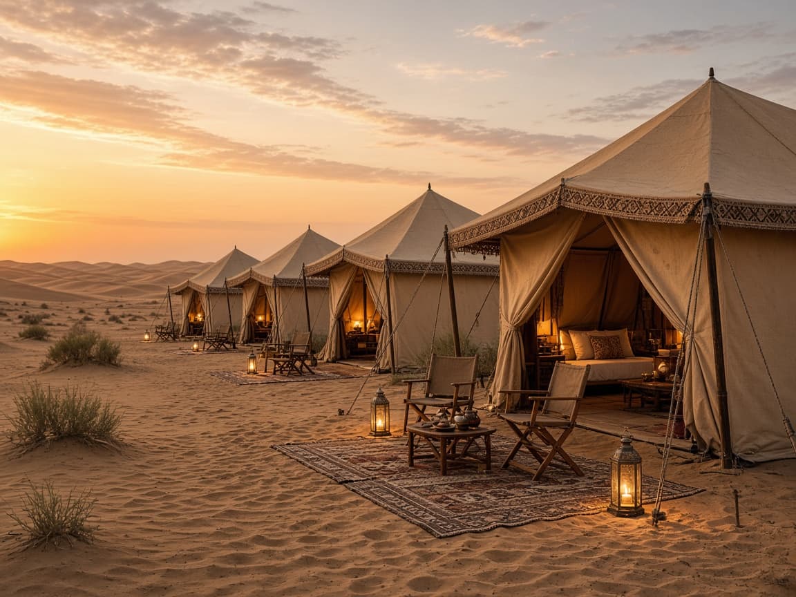 Desert camp tents in evening light for a Jaisalmer holiday stay