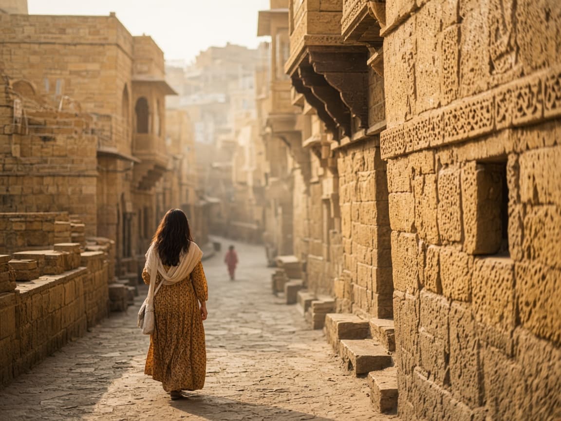 Warm sandstone heritage streets in soft morning light near Jaisalmer