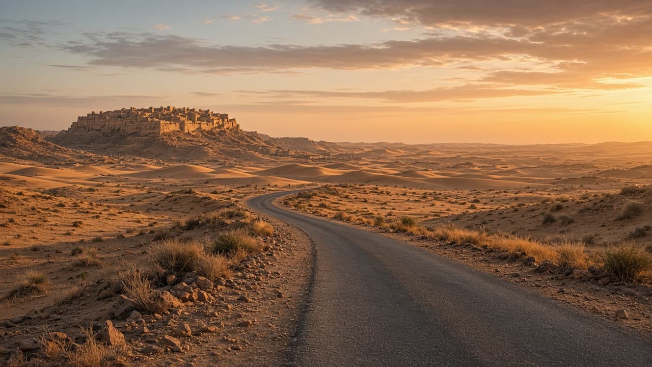 Open desert road toward distant dunes on a Jaisalmer journey