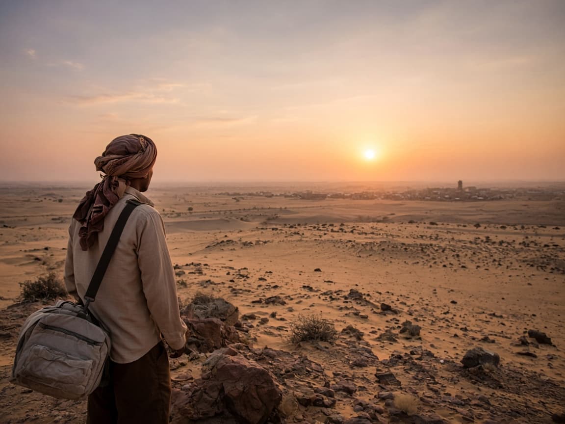 Traveller looking toward a desert horizon at sunrise
