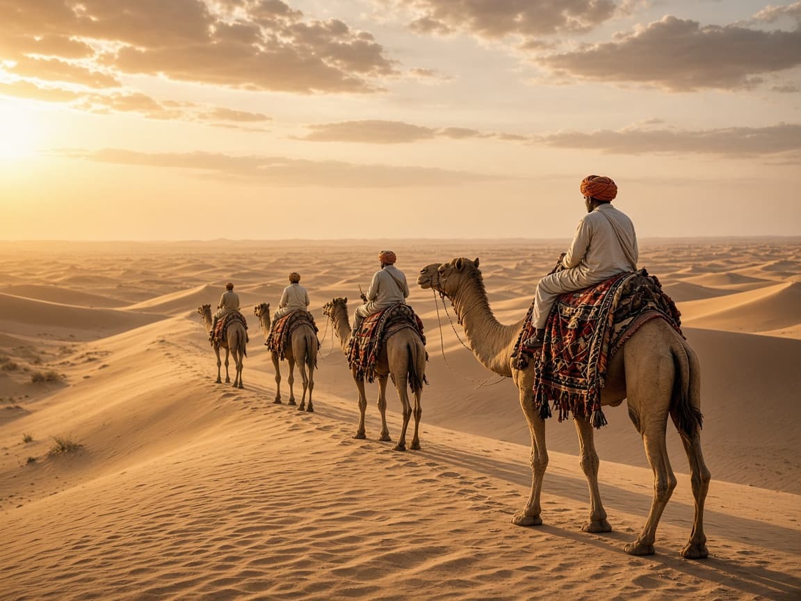 Camel safari line crossing sand dunes in late afternoon light