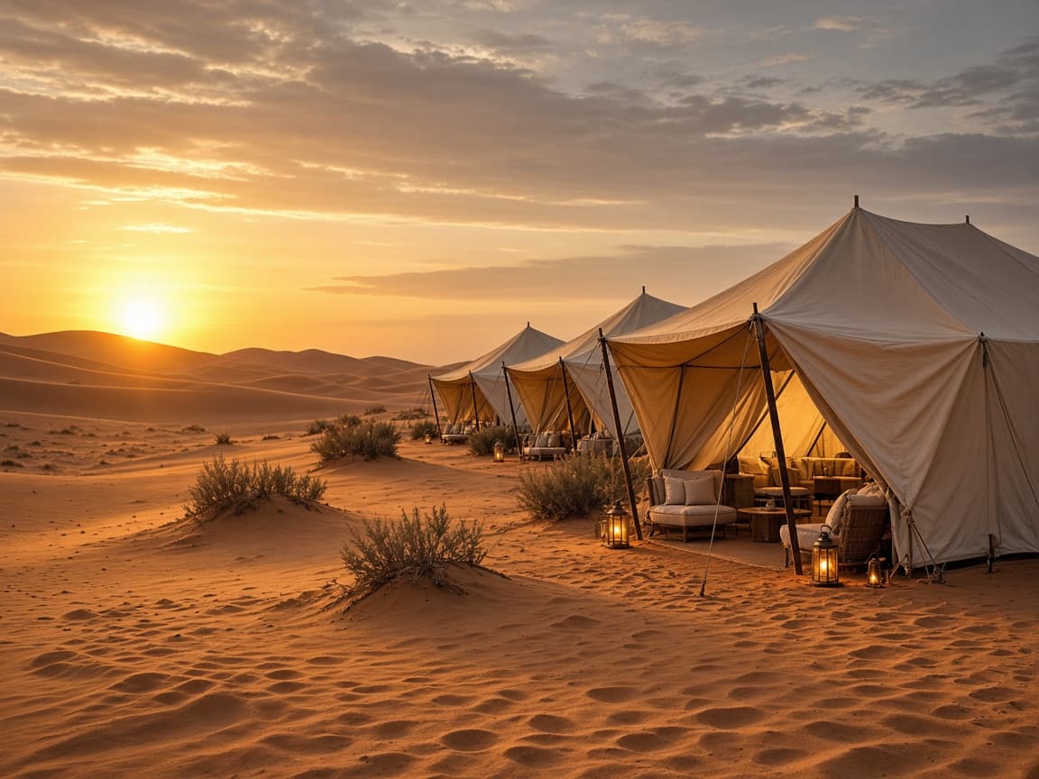 Desert camp tents on sand dunes in warm evening light