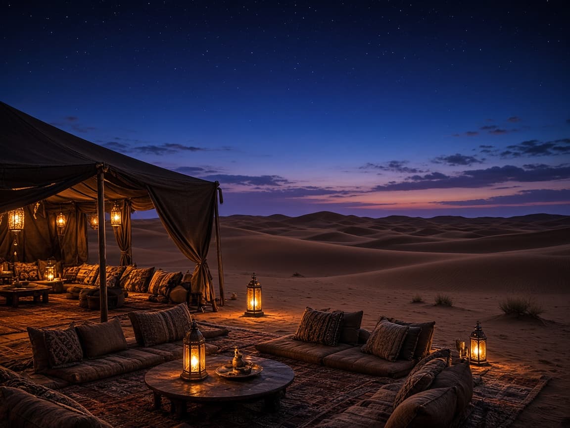 Lantern-lit evening seating at a desert camp near the dunes