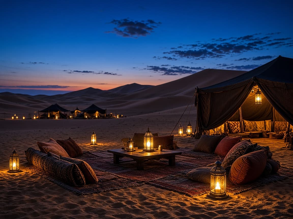 Evening seating and lantern light at a desert camp near the dunes