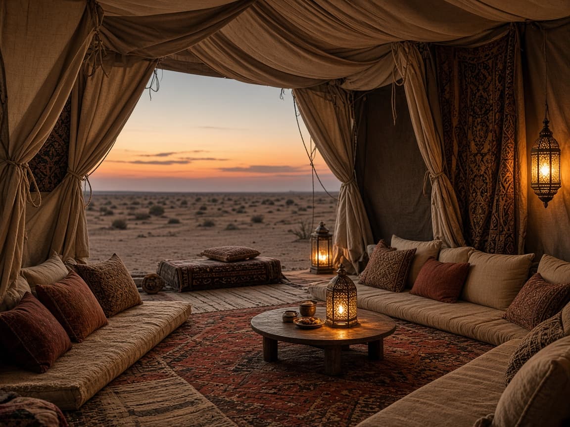 Warm lantern light inside an elegant desert tent with low seating