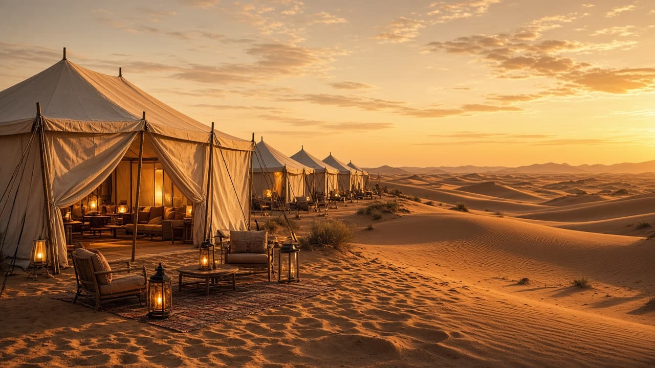 Desert camp tents under golden evening light near sand dunes in Rajasthan