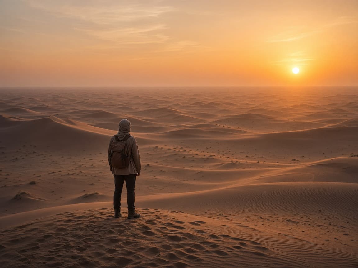 Traveller looking across Sam Sand Dunes at sunset