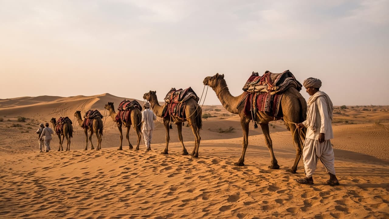 Camel safari line walking over dunes in the Jaisalmer desert