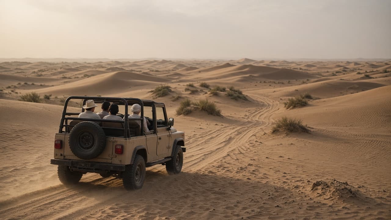 Jeep safari vehicle crossing sand dunes near Jaisalmer