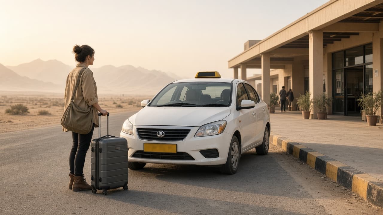 Illustrative scene of a traveller with luggage beside a taxi after arriving in desert Rajasthan