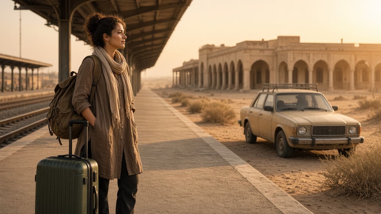 Illustrative scene of a traveller with luggage preparing for a desert transfer from a railway station