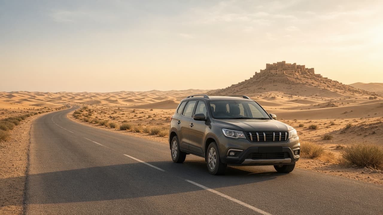 Illustrative travel scene of a tourist vehicle on a desert road near Jaisalmer