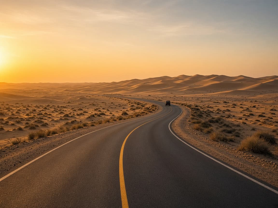 Illustrative golden-hour desert road toward sand dunes near Sam Sand Dunes