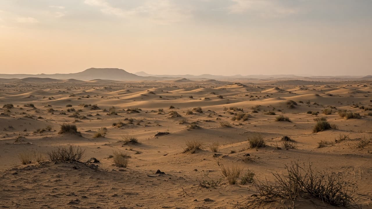 Lower rolling desert dunes with sparse scrub in soft afternoon light