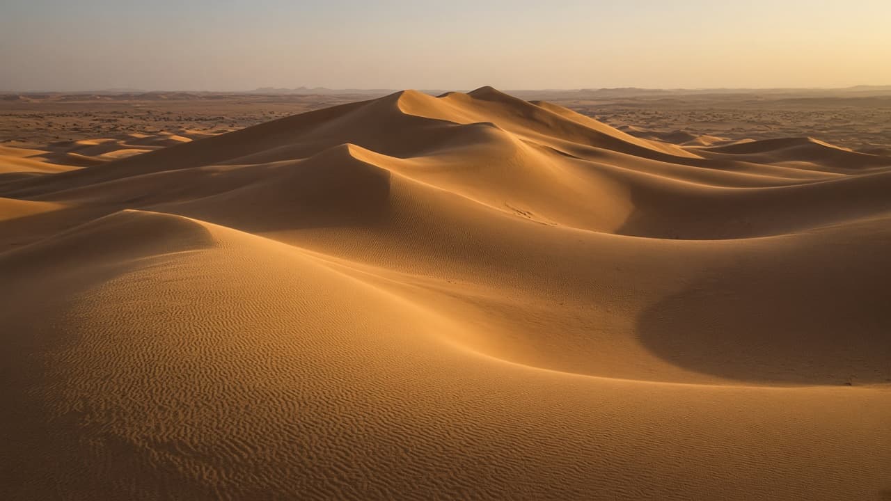 Tall sweeping sand dune ridges in golden light