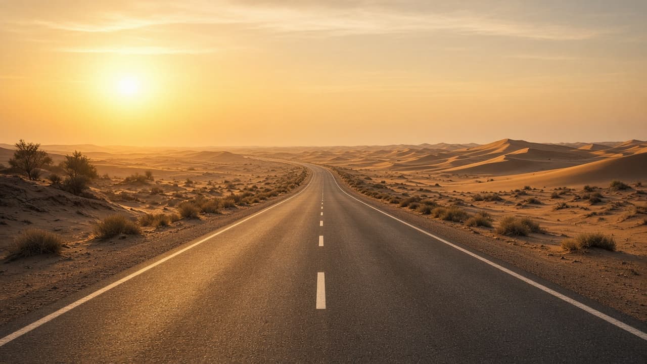 Desert road heading toward distant dunes under warm afternoon light