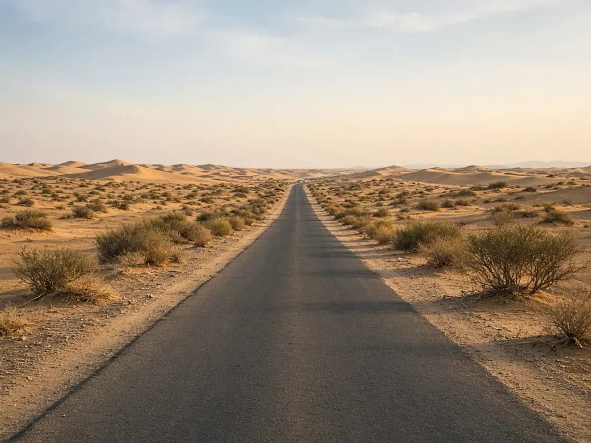 Desert road heading toward distant dunes under warm afternoon light
