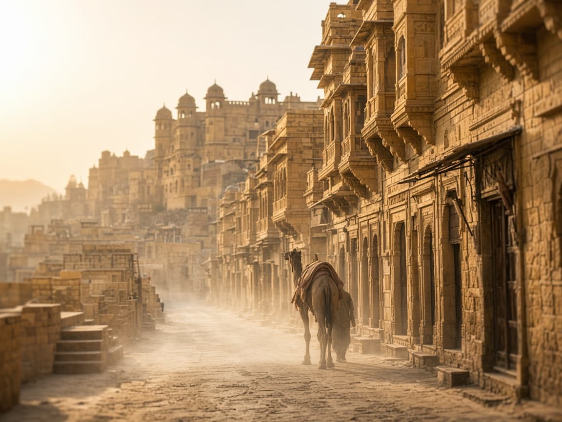 Warm sandstone heritage streets in soft morning light near Jaisalmer