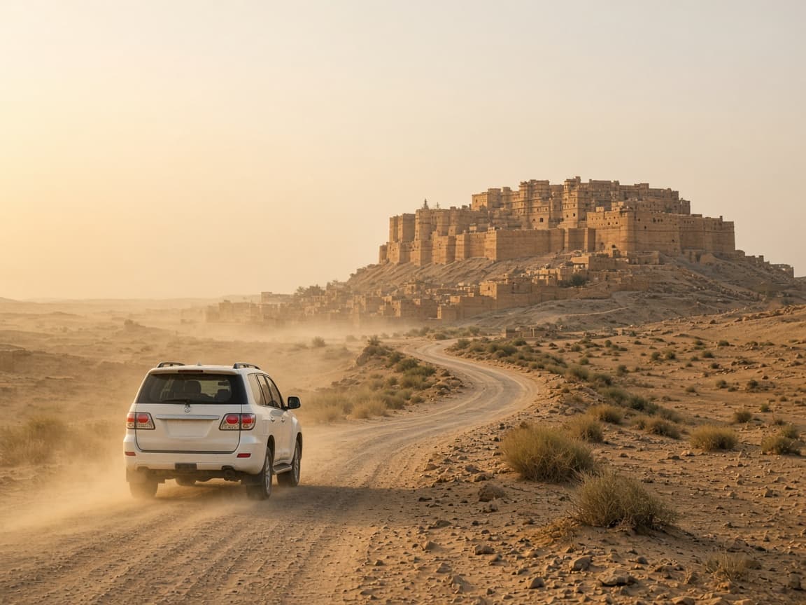 Tourist vehicle on a desert approach road near Jaisalmer