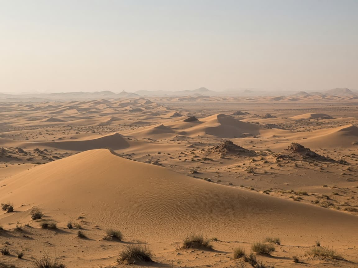 Daylight desert landscape with soft haze over dune ridges