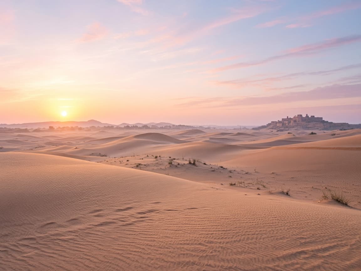 Soft sunrise light over empty Rajasthan sand dunes