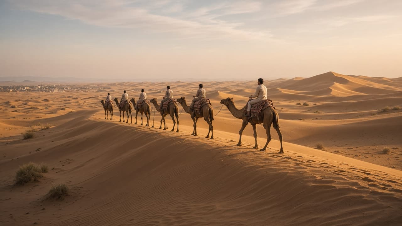 Travellers riding camels across Rajasthan desert dunes