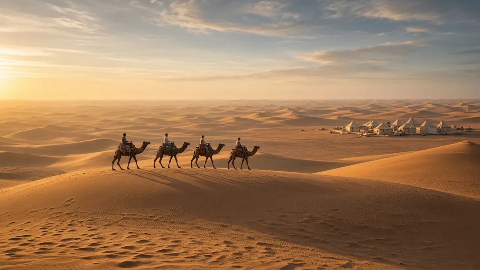 Travellers riding camels across Rajasthan desert dunes