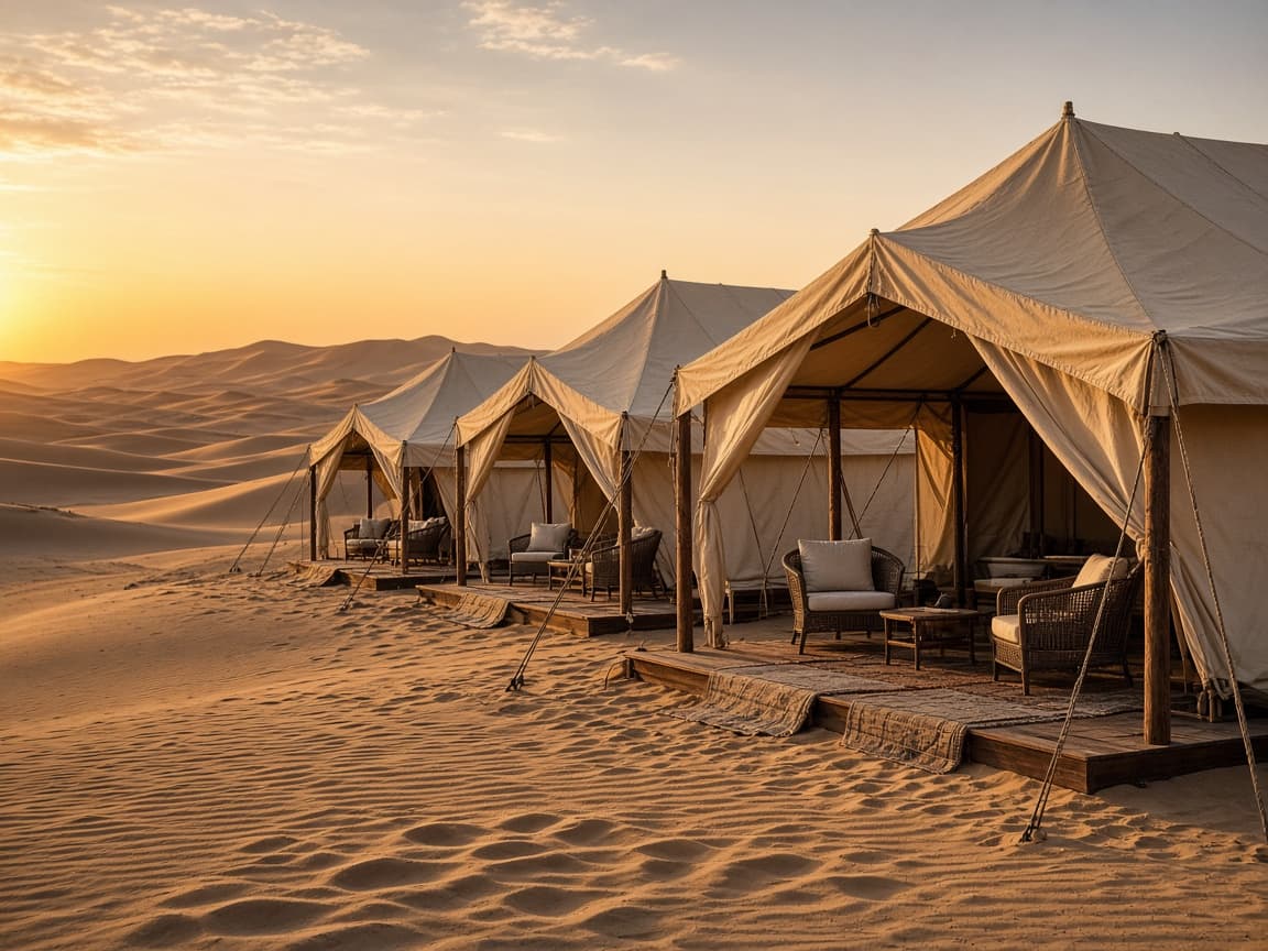 Desert camp tents on the dunes in golden evening light