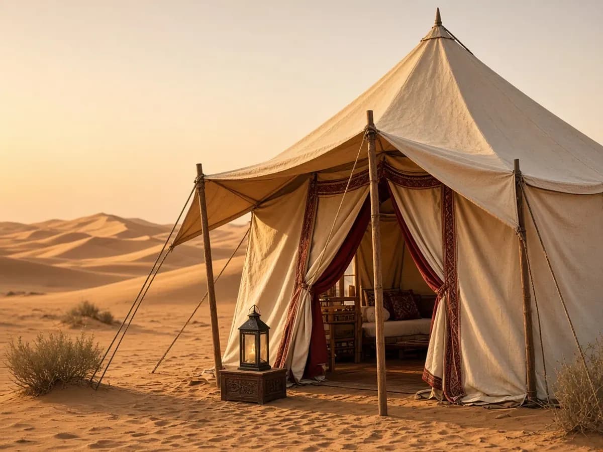Desert camp tents on the dunes in golden evening light