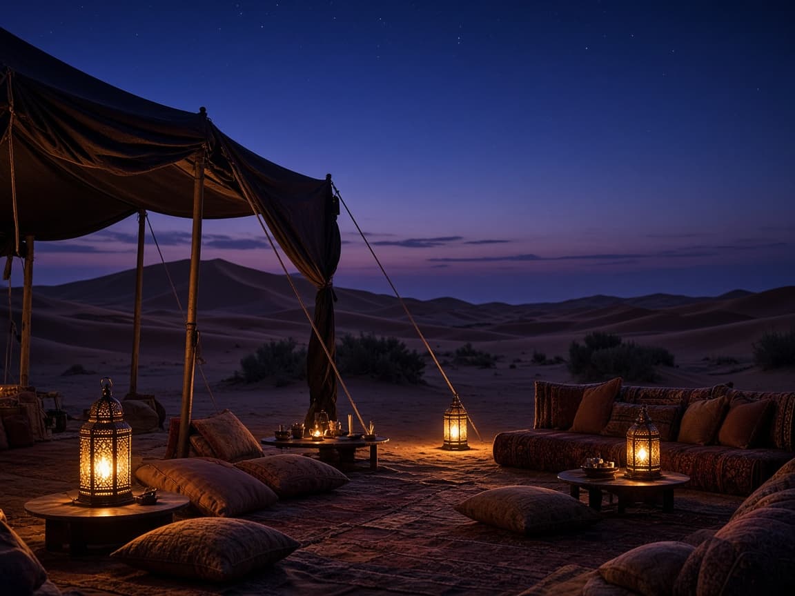 Lantern-lit evening seating at a desert camp near the dunes