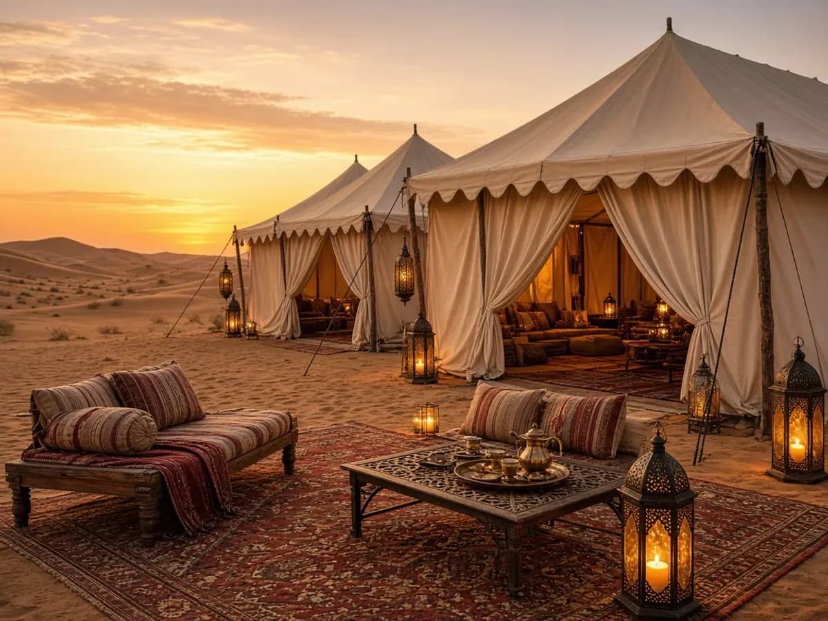Lantern-lit evening seating at a desert camp near the dunes