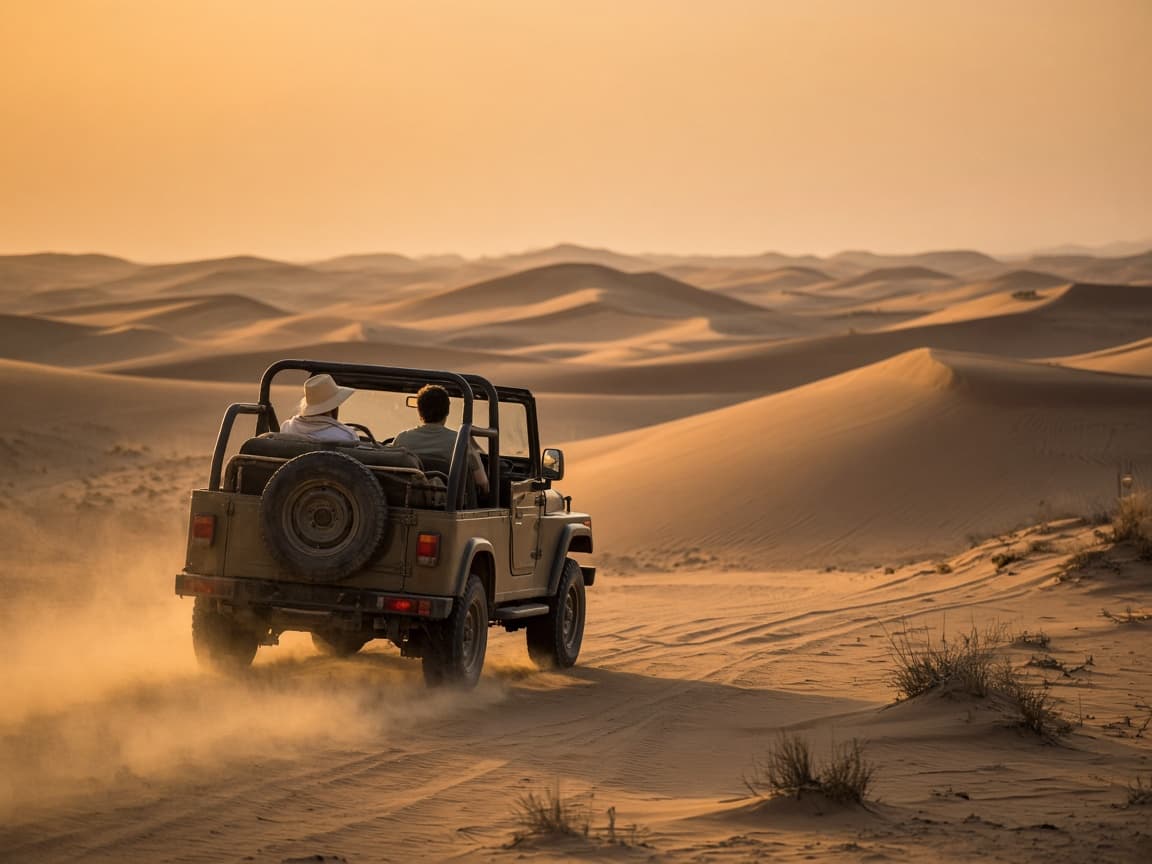 Open jeep travelling across sand dunes in late afternoon light