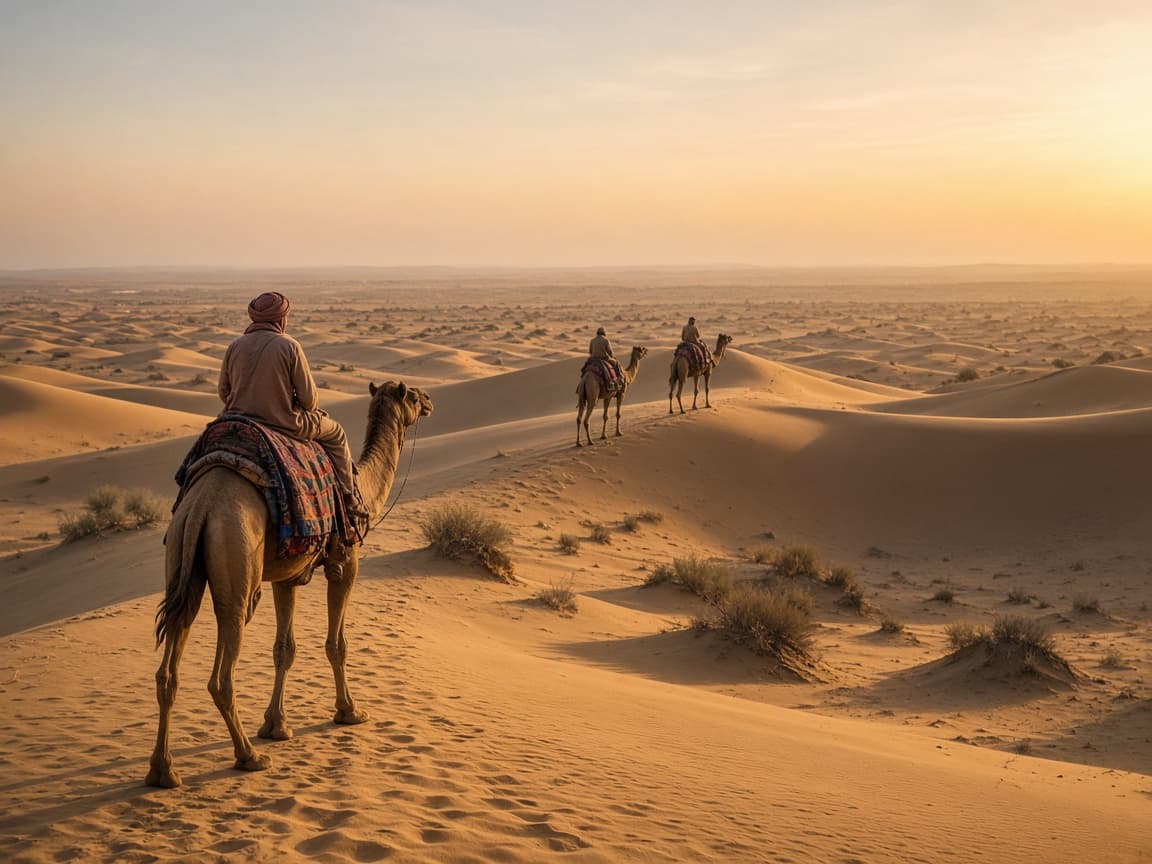 Travellers riding camels across sand dunes in late afternoon light