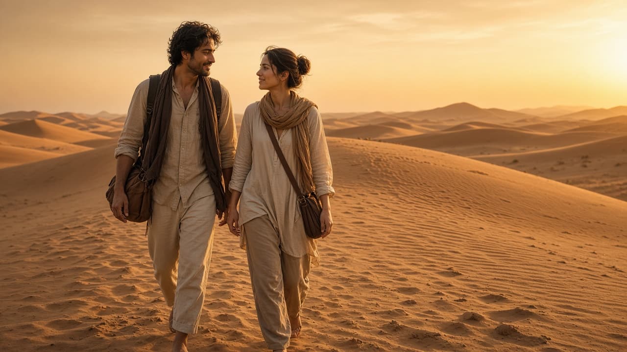 Two adult travellers walking together on sand dunes at golden hour