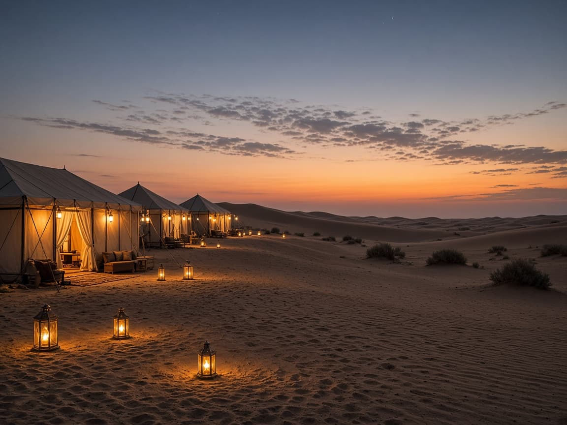 Lantern-lit desert camp tents on sand at dusk