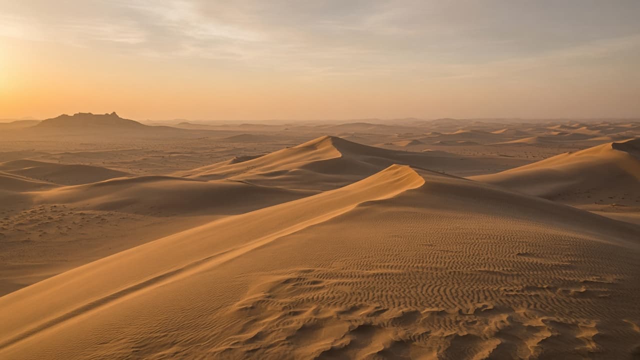 Wide sand dune ridges under soft golden light
