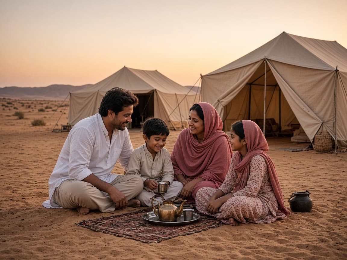 Warm evening light around desert camp tents on the sand