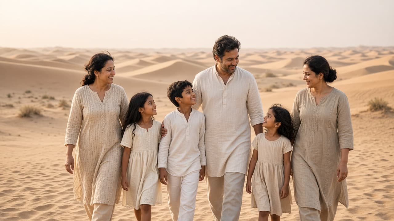 Adults and children walking on Rajasthan sand dunes in soft light