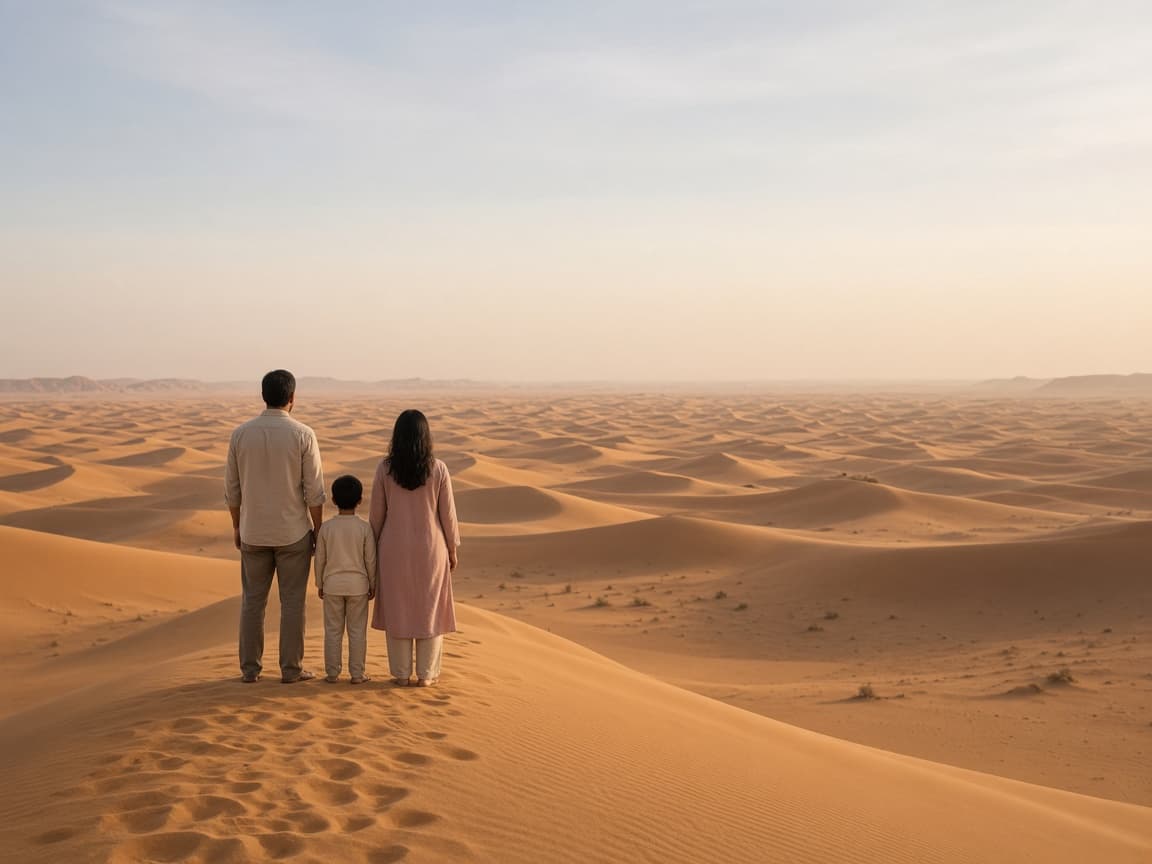 Family standing on a dune ridge looking toward the desert horizon
