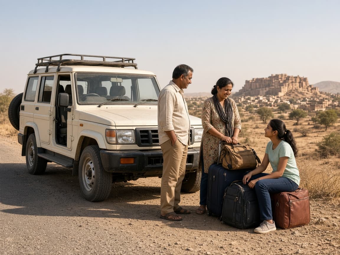 Tourist vehicle and luggage near a desert approach road