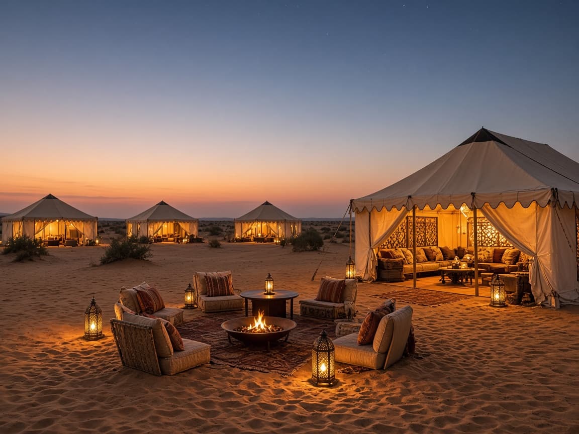 Evening seating and tents at a Jaisalmer desert camp