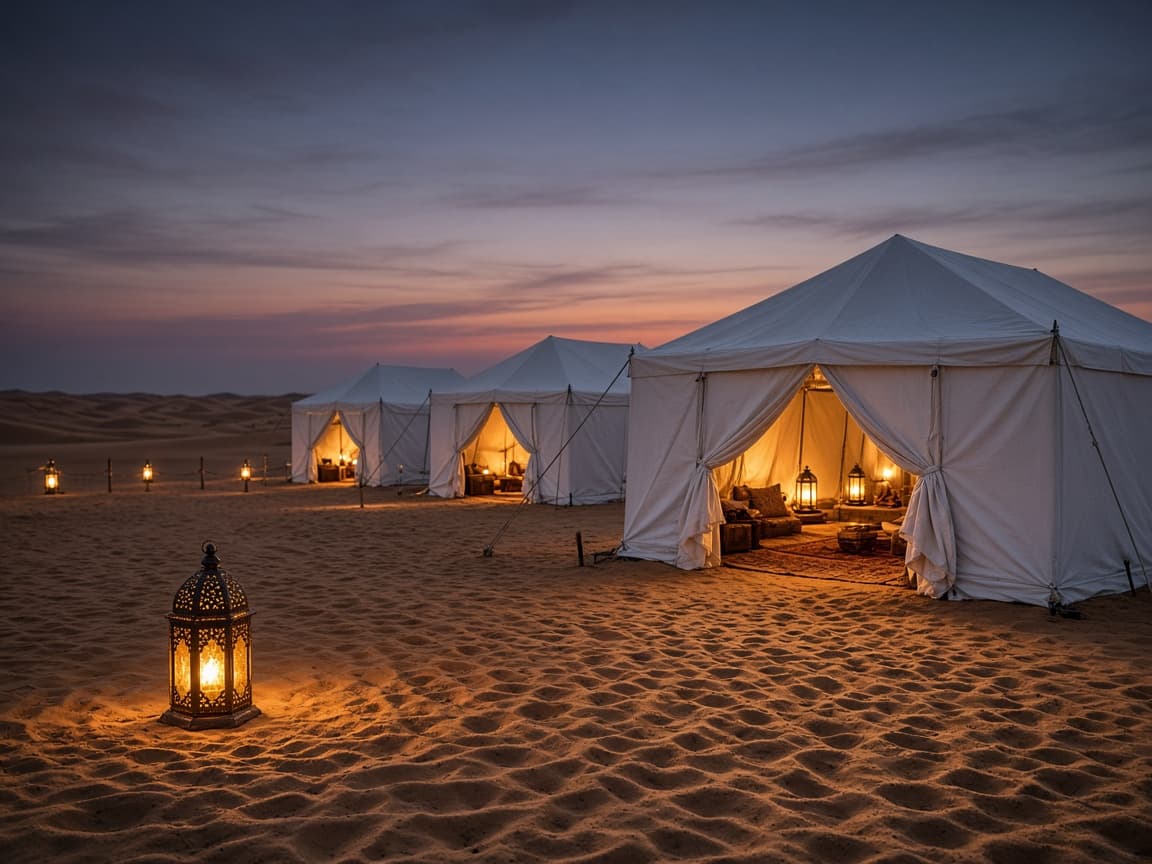 Row of tents at the Sam Sand Dunes desert camp under evening light