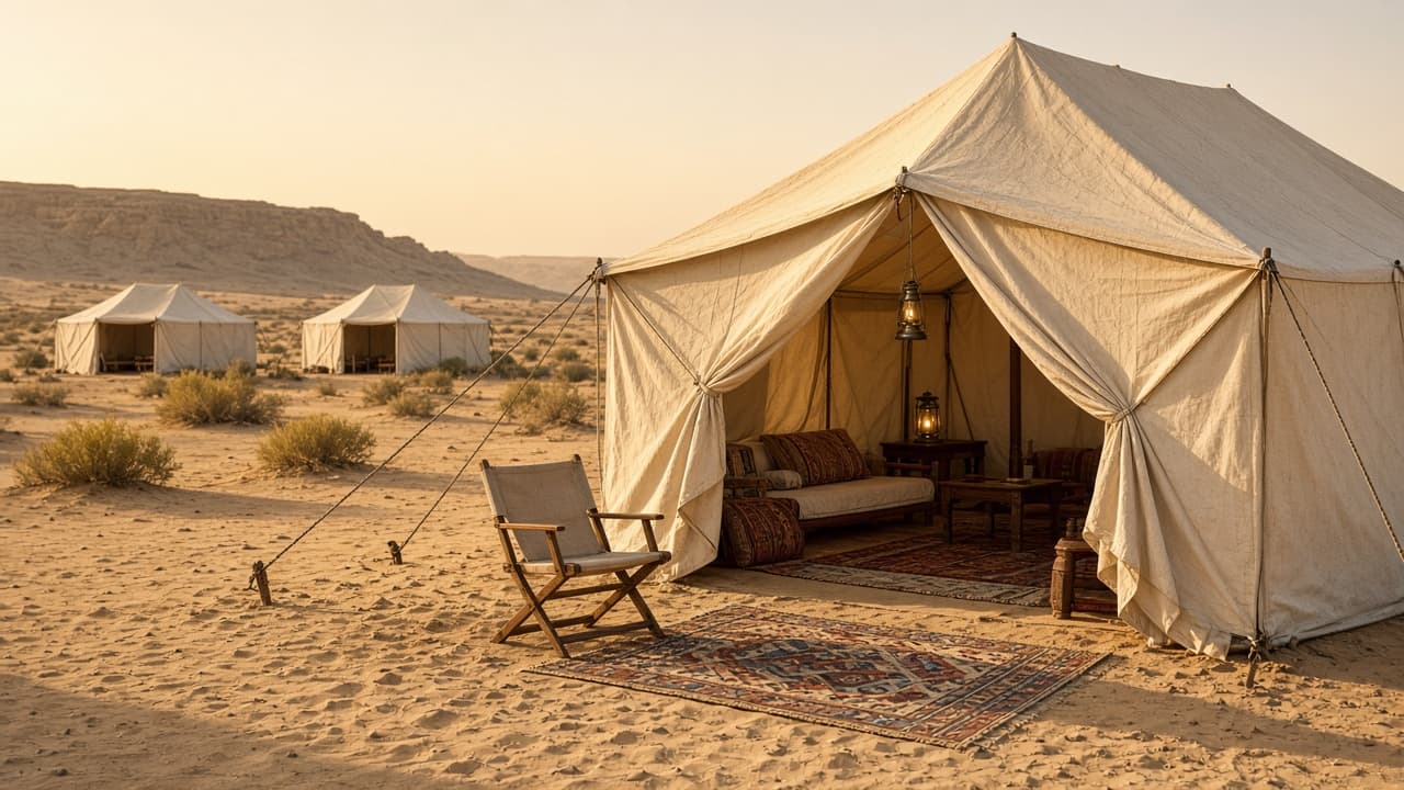 Comfortable desert camp tents on sand in warm afternoon light