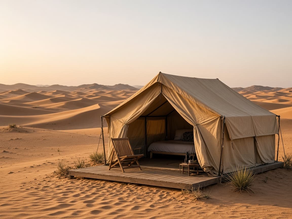 Practical tent accommodation on desert sand