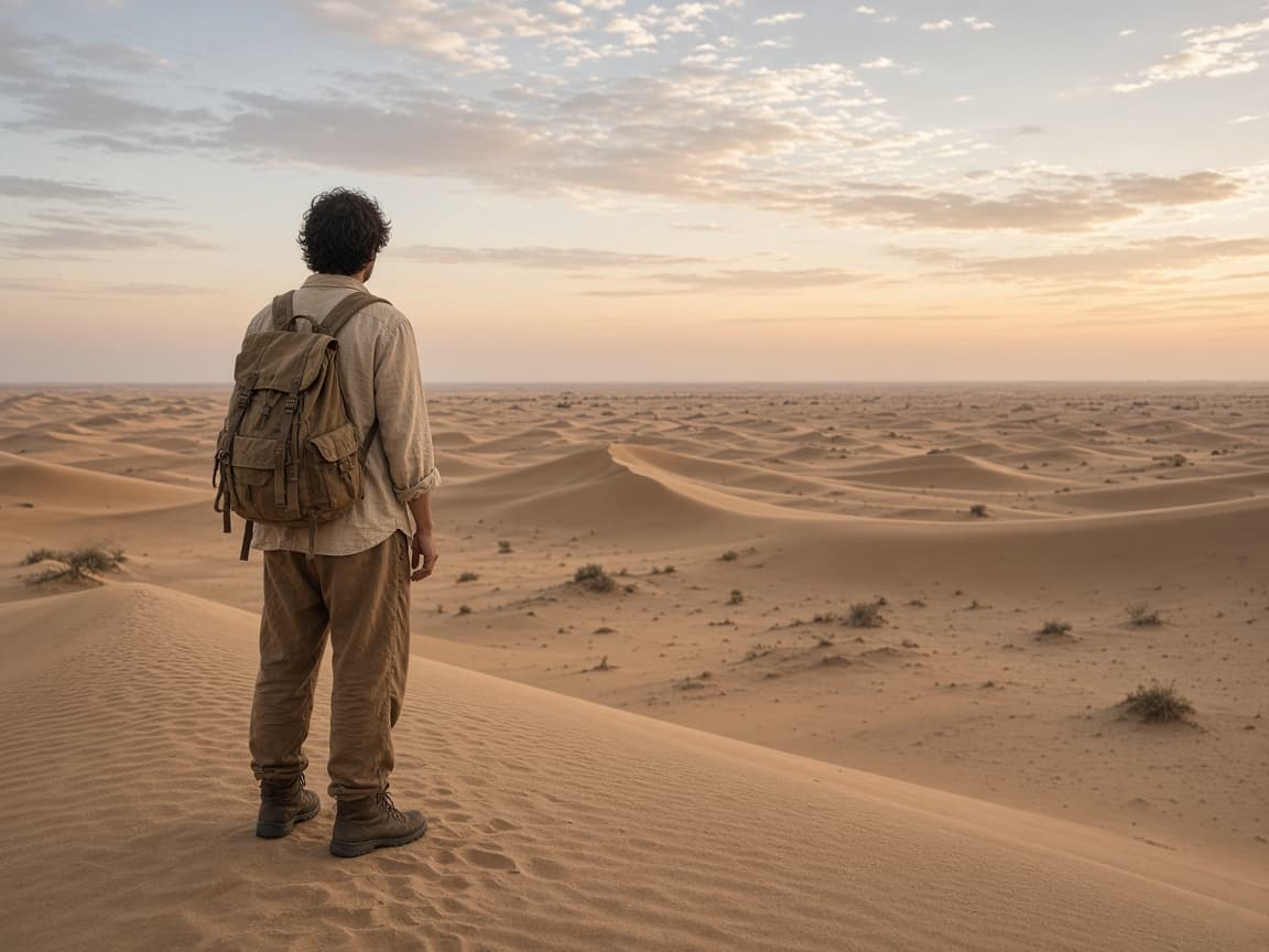 Traveller looking across sand dunes toward the horizon