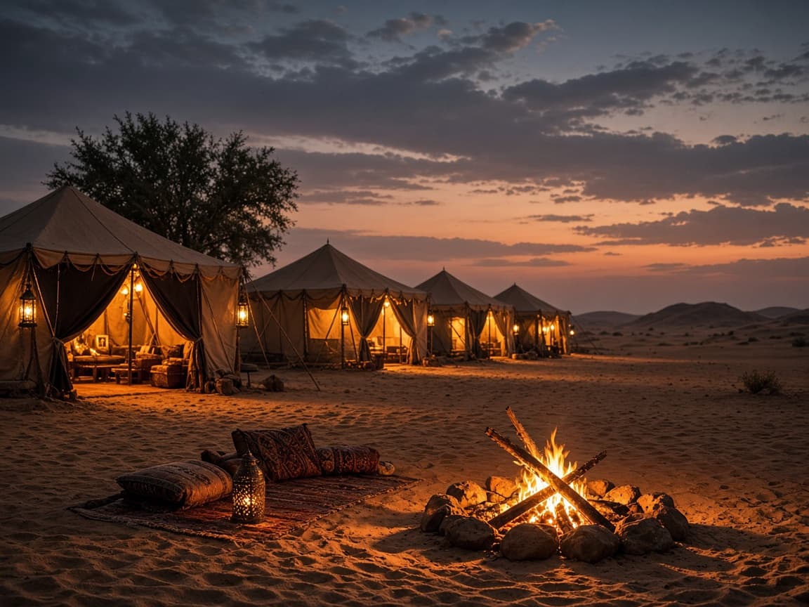 Warm evening light around desert camp tents on the sand