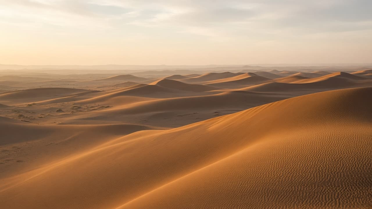 Wide sand dune ridges in soft golden light