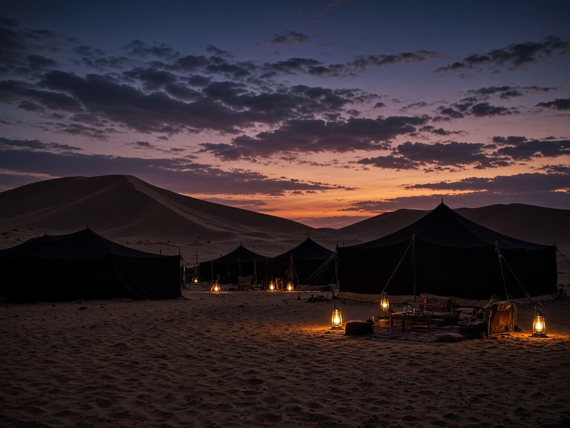 Lantern-lit desert camp tents against a dusk sky