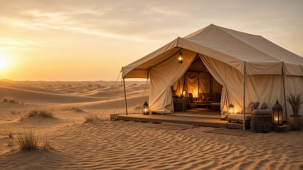Premium desert camp tent exterior on dunes at golden hour